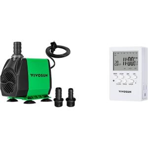 imageVIVOSUN 800GPH Submersible Pump and 7 Day Programmable Digital Timer with Dual Outlet 20 OnOff UL Listed Heavy Duty Plugin Outlet Timer with Countdown Setting Indoor for Lamp Fan Heater