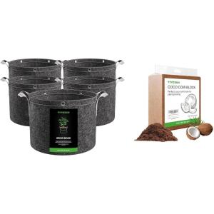 imageVIVOSUN 5Pack 25 Gallon Grow Bags and Coco Coir Brick 11lbs 100 Natural Organic Compressed Coconut Coir Fiber with Low EC PH Balance ampamp High Nutrition Coconut Fiber Substrate
