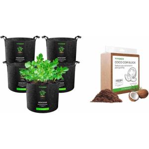 imageVIVOSUN 5Pack 5 Gallon Grow Bags and Coco Coir Brick Combo 11lbs 100 Natural Organic Compressed Coconut Coir Fiber with Low EC PH Balance ampamp High Nutrition