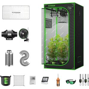 imageVIVOSUN GIY 3x3 Grow Tent Complete System and AeroWave E6 Clipon Fan with 4quot Inline Fan Package VS2000 LED Grow Light Temperature Humidity Monitor Netting Grow Bags Pruning Shear ampamp Timer