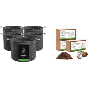 imageVIVOSUN 5Pack 3 Gallon Grow Bags and Coco Coir Brick 14lbs 100 Natural Organic Compressed Coconut Coir Fiber with Low EC PH Balance ampamp High Nutrition