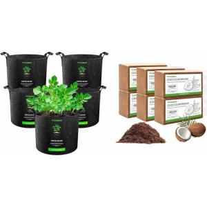 imageVIVOSUN 5Pack 5 Gallon Grow Bags and Coco Coir Brick Combo 14lbs 100 Natural Organic Compressed Coconut Coir Fiber with Low EC PH Balance ampamp High Nutrition Coconut Fiber Substrate