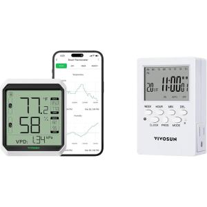 imageVIVOSUN AeroLab THB1 Wireless Bluetooth Hygrometer Thermometer Indoor and 7 Day Programmable Digital Timer with Dual Outlet 20 OnOff UL Listed Heavy Duty Plugin Outlet Timer with Countdown Setting