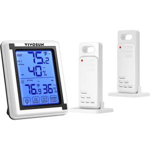 imageVIVOSUN Digital Hygrometer Indoor Outdoor Thermometer Humidity Monitor with Touchscreen LCD Backlight Temperature Gauge Meter 200ft60m Range Wireless Thermometer and Hygrometer 2 sensors