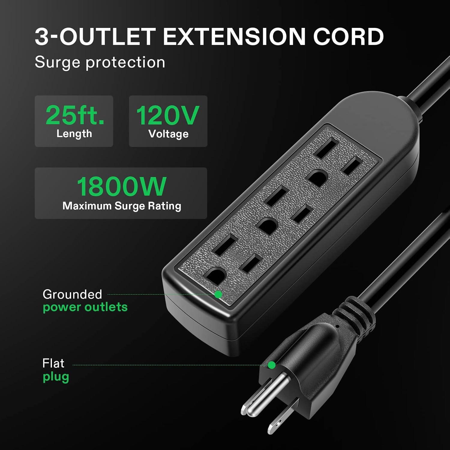 imageVIVOSUN 3Outlet Extension Cord 25ft12ft and 50ft 120V Heavy Duty Power Strip 1800W Surge Protector Power Cord for Home Garages Gardens and Workshops Black