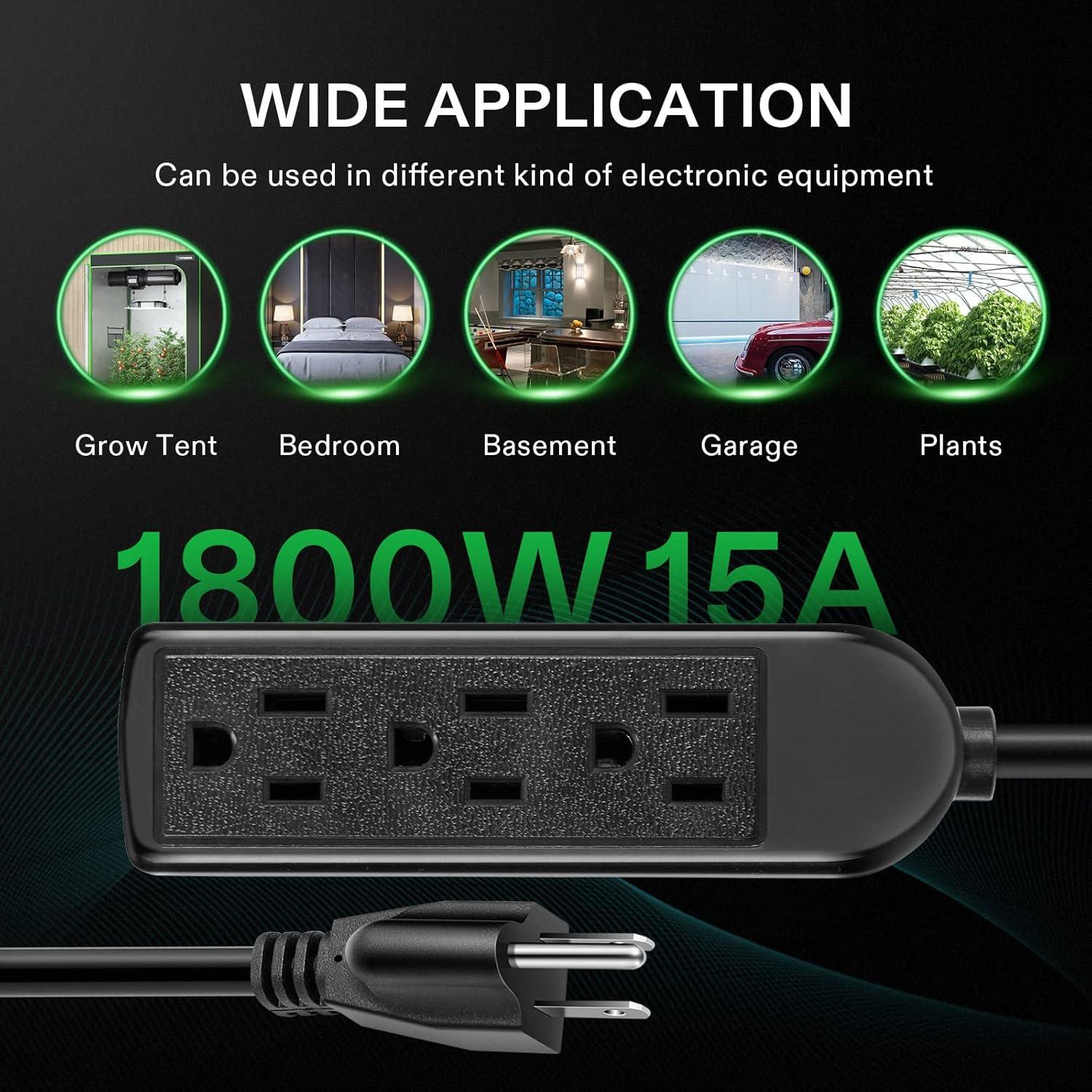 imageVIVOSUN 3Outlet Extension Cord 25ft12ft and 50ft 120V Heavy Duty Power Strip 1800W Surge Protector Power Cord for Home Garages Gardens and Workshops Black