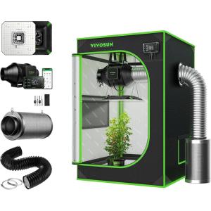 imageVIVOSUN S223 2x2 Grow Tent Smart Kit with AeroLight 100W LED Grow Light AeroZesh S4 Inline Duct Fan 4 Inch 16 Feet Black Air Aluminum Ducting and 4 Inch Air Carbon Filter Smelliness Control