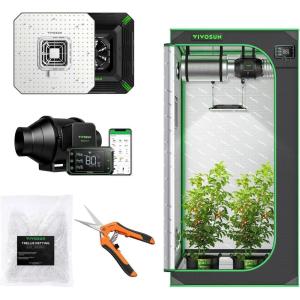 imageVIVOSUN S276 32quotx32quotx63quot Grow Tent Smart System with AeroLight A100 100W LED Grow Light with Fan and GrowHub E42A Controller AeroZesh S4 Inline Duct Fan 5 x 15 ft Trellis Netting and Scissors