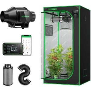 imageVIVOSUN S276 32quotx32quotx63quot Grow Tent mart Air Filtration PRO G4 Kit 4quot AeroZesh G4 Inline Duct Fan wGrowHub E42A Temp Humidity WiFiController Carbon Filter ampamp Ducting