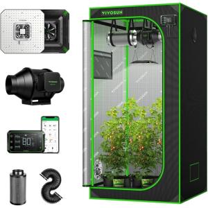 imageVIVOSUN S336 3x3 Grow Tent Smart Kit with AeroLight 100W LED Grow Light AeroZesh S4 Inline Duct Fan 4 Inch 16 Feet Black Air Aluminum Ducting and 4 Inch Air Carbon Filter Smelliness Control