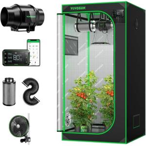 imageVIVOSUN S448 4x4 Grow Tent Smart Air Filtration PRO T6 Kit 6quot AeroZesh T6 Inline Duct Fan wGrowHub E42A Temp Humidity WiFiController Carbon Filter ampamp Ducting AeroWave E6 Grow Tent Fan 6