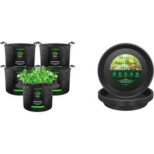 imageVIVOSUN 5Pack 1 Gallon Heavy Duty Thickened Nonwoven Fabric Pots and 6 Pack Plant Saucer 8 10 12 inch Plant Saucers for Indoor Heavy Duty Plastic Plant Trays for pots Grow Bags