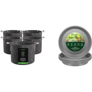 imageVIVOSUN 5Pack 3 Gallon Grow Bags and 6 Pack Plant Saucer 8 10 12 inch Plant Saucers for Indoor Heavy Duty Plastic Plant Trays for pots Grow Bags Bird Baths Flower Drip Trays for Indoor