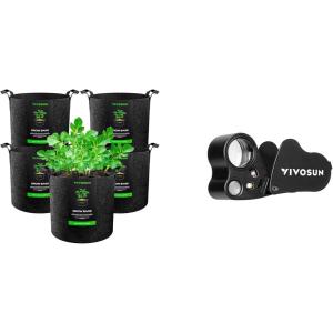 imageVIVOSUN 5Pack 3 Gallon Plant Grow Bags and 30X 60X Illuminated Jewelers Loupe Foldable Magnifier with LED Light for Jewelry Gems Watches Coins Stamps Antiques Black