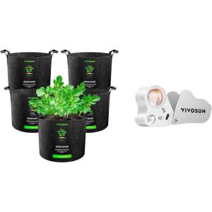 imageVIVOSUN 5Pack 5 Gallon Grow Bags and 30X 60X Illuminated Jewelers Loupe Foldable Magnifier with LED Light for Jewelry Gems Watches Coins Stamps Antiques White
