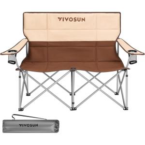 imageVIVOSUN Double Camping Chair Fully Padded Folding Loveseat Portable Oversized Duo Chair with Storage Cup Holders HeightAdjustable Armrests ampamp Carry Bag Supports up to 500lbs Green ampamp GreyBeigebrown