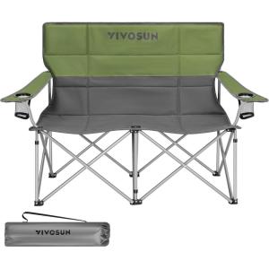 imageVIVOSUN Double Camping Chair Fully Padded Folding Loveseat Portable Oversized Duo Chair with Storage Cup Holders HeightAdjustable Armrests ampamp Carry Bag Supports up to 500lbs Green ampamp GreyGreengray