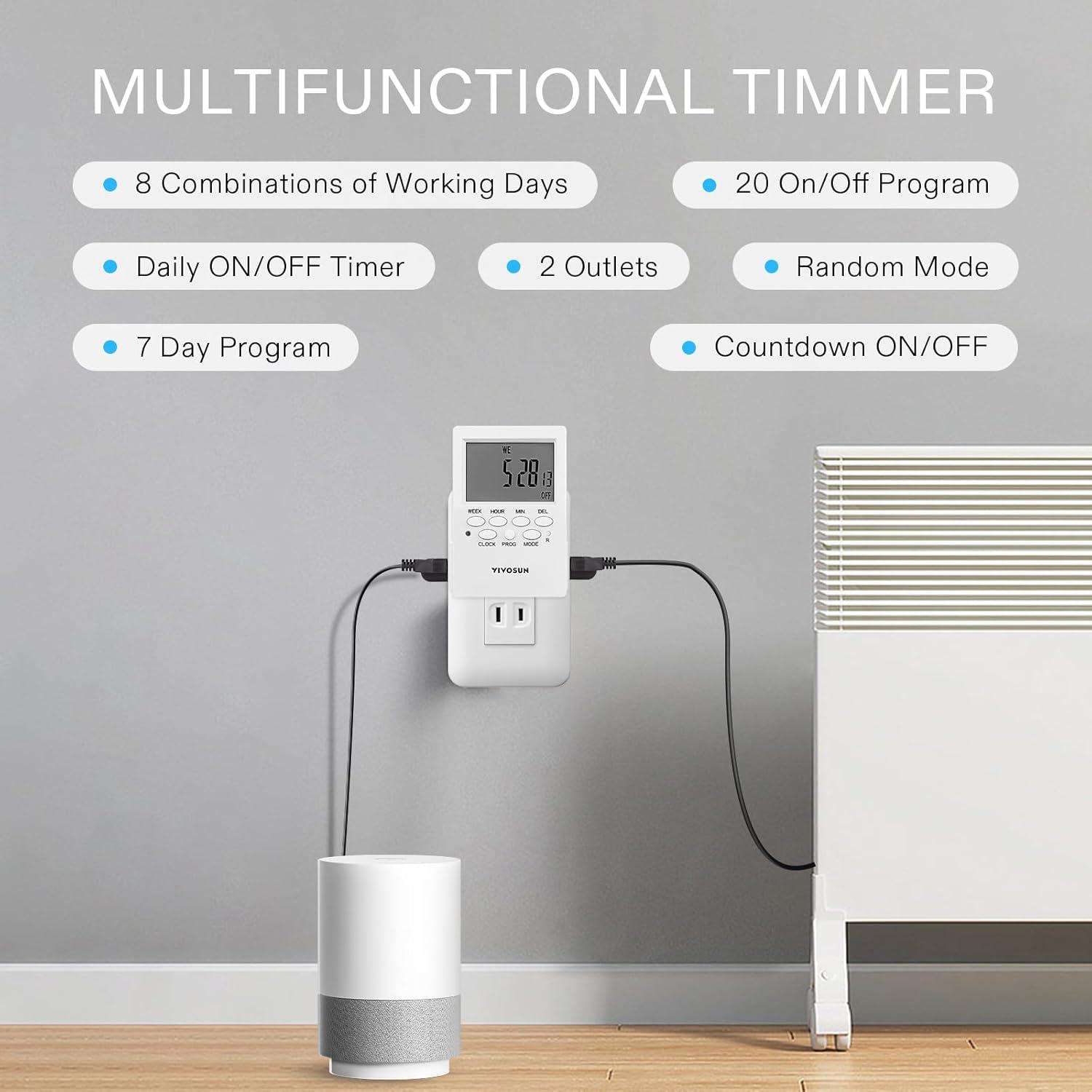 imageVIVOSUN 7 Day Programmable Digital Timer with Dual Outlet 20 OnOff UL Listed Heavy Duty Plugin Outlet Timer with Countdown Setting Indoor for Lamp Fan Heater Humidifiers Aquarium 2 Pack2