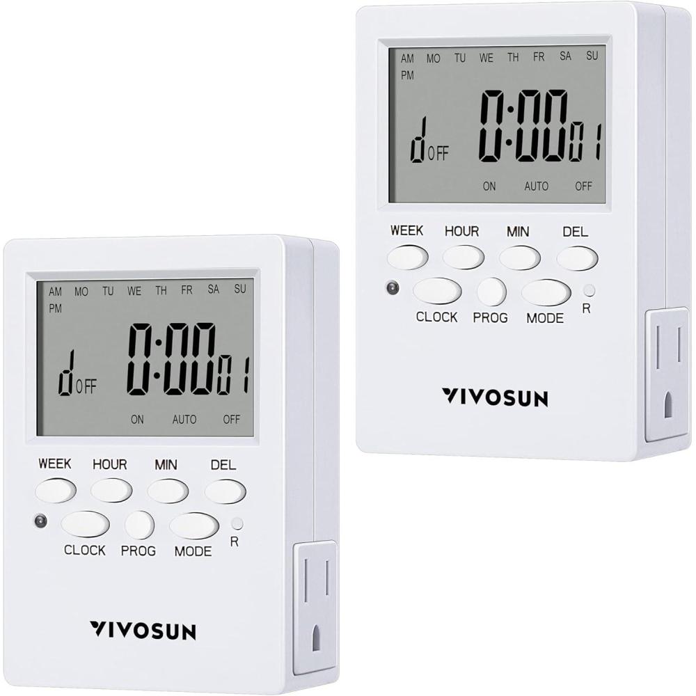 imageVIVOSUN 7 Day Programmable Digital Timer with Dual Outlet 20 OnOff UL Listed Heavy Duty Plugin Outlet Timer with Countdown Setting Indoor for Lamp Fan Heater Humidifiers Aquarium 2 Pack2