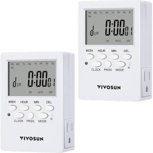 imageVIVOSUN 7 Day Programmable Digital Timer with Dual Outlet 20 OnOff UL Listed Heavy Duty Plugin Outlet Timer with Countdown Setting Indoor for Lamp Fan Heater Humidifiers Aquarium 2 Pack2