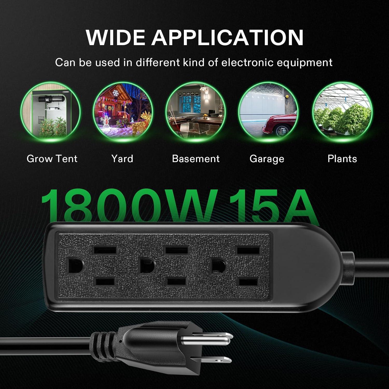 imageVIVOSUN 50 Ft Extension Cord 3Outlet Power Cord for Indoor and Outdoor Use Durable and LongLasting 1800W Surge Protector 15A 14 AWG Great for Garden Lawn Home and Office Black12FT
