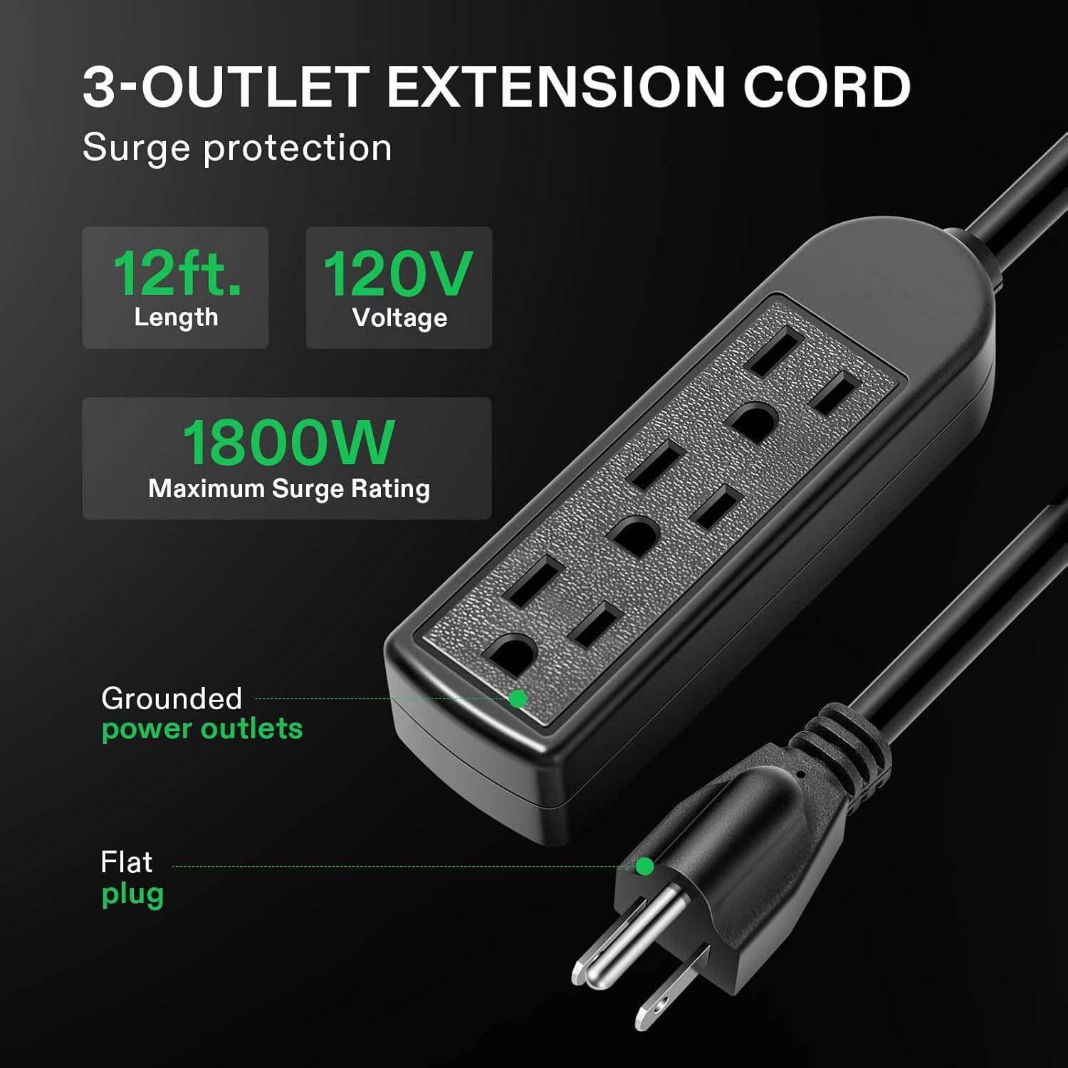 imageVIVOSUN 50 Ft Extension Cord 3Outlet Power Cord for Indoor and Outdoor Use Durable and LongLasting 1800W Surge Protector 15A 14 AWG Great for Garden Lawn Home and Office Black12FT