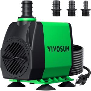 imageVIVOSUN 800GPH Submersible Pump3000LH 24W Ultra Quiet Water Fountain Pump with 10ft High Lift with 65ft Power Cord 3 Nozzles for Fish Tank Pond Aquarium Statuary Hydroponics Green