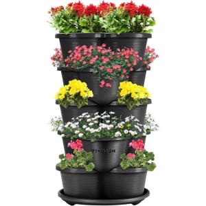 imageVIVOSUN 5 Tier Vertical Gardening Stackable Planter for Strawberries Flowers Herbs Vegetables Dark GreenBlack