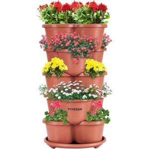 imageVIVOSUN 5 Tier Vertical Gardening Stackable Planter for Strawberries Flowers Herbs Vegetables Dark GreenBrown