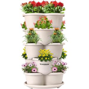 imageVIVOSUN 5 Tier Vertical Gardening Stackable Planter for Strawberries Flowers Herbs Vegetables Dark GreenIvory