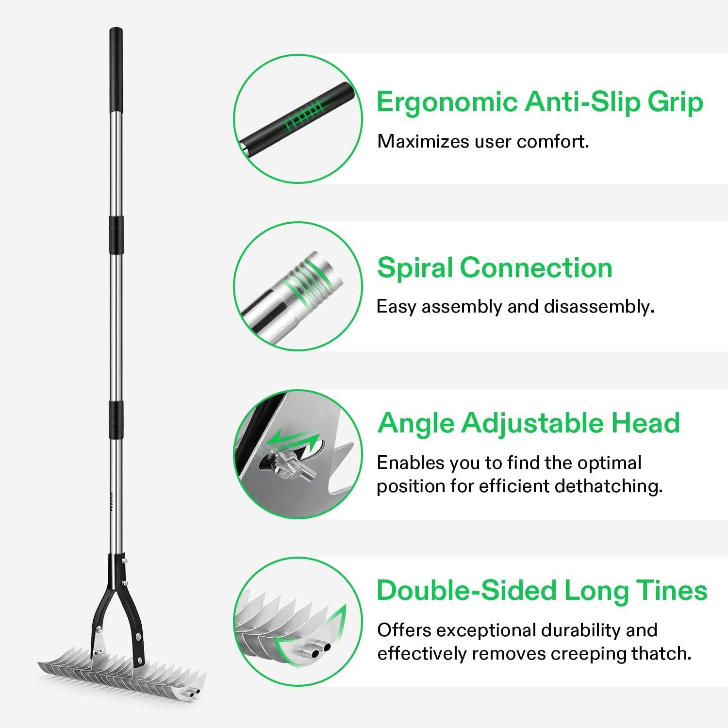 imageVIVOSUN 15quot Thatch Rake 15quot x 70quot Lawn Thatching Rake Sturdy Dethatcher Rake Efficient Steel Metal Rake with Handle Durable Adjustable Head for Removing Dead Grass and Clippings Loosening Soil15 x 70 Thatch Rake