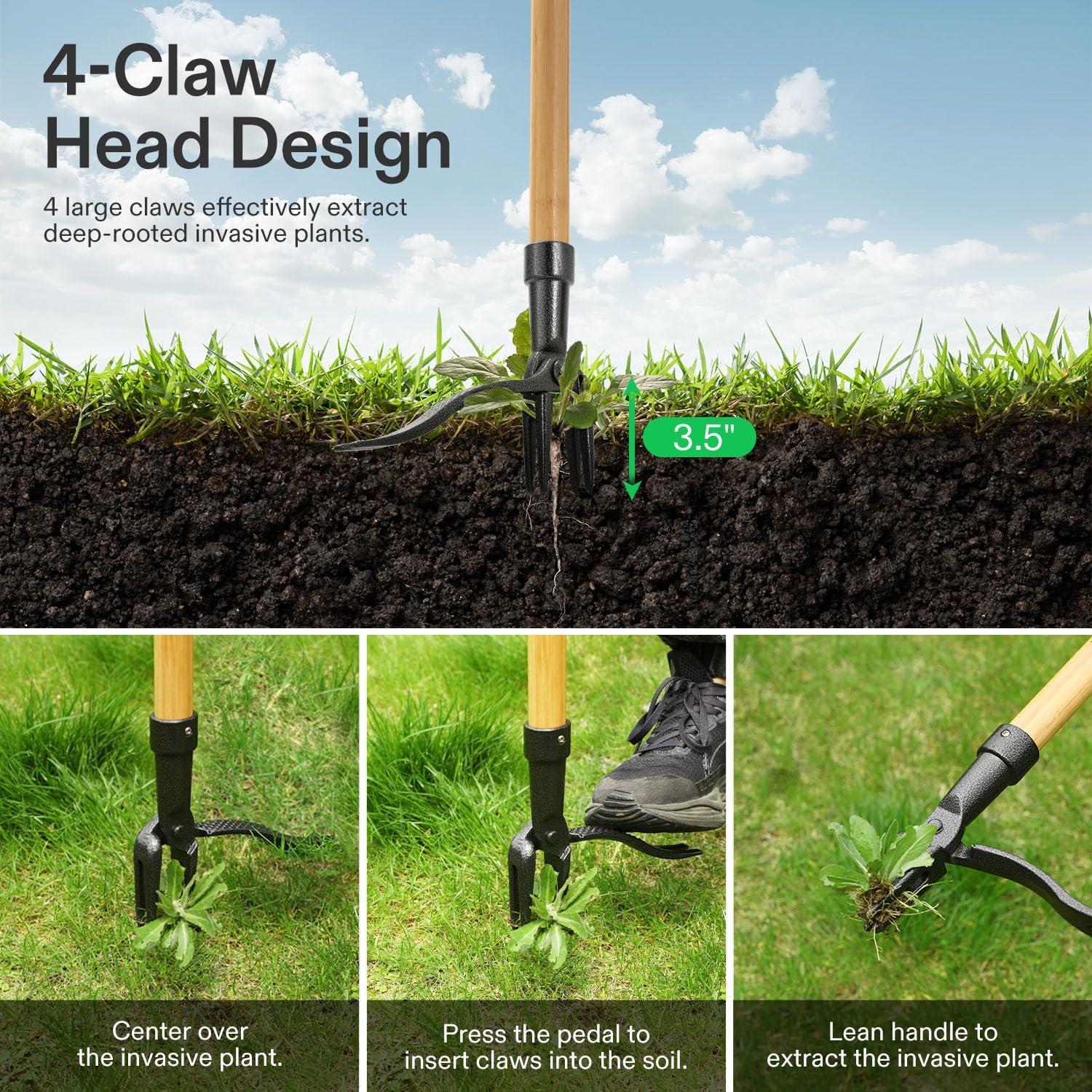 imageVIVOSUN 47quot Weed Puller StandUp Weed Puller Tool with Bamboo Handle ampamp 4Claw Steel Head Sectional Pole Design Easy Weeding Without Pulling Bending or Kneeling