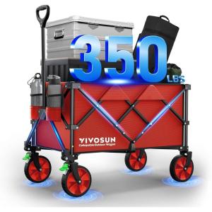 imageVIVOSUN Collapsible Folding Wagon 350 lb LoadBearing Outdoor Utility Cart with Silent Universal Wheels Cup Holders ampampSide Pockets Adjustable Handle for Camping Garden Sports Picnic ShoppingRed