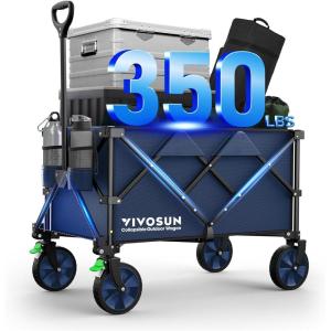 imageVIVOSUN Collapsible Folding Wagon 350 lb LoadBearing Outdoor Utility Cart with Silent Universal Wheels Cup Holders ampampSide Pockets Adjustable Handle for Camping Garden Sports Picnic ShoppingBlue