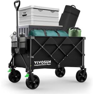imageVIVOSUN Collapsible Folding Wagon 350 lb LoadBearing Outdoor Utility Cart with Silent Universal Wheels Cup Holders ampampSide Pockets Adjustable Handle for Camping Garden Sports Picnic ShoppingBlack