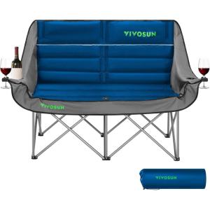 imageVIVOSUN Double Camping Chair Fully Padded Folding Loveseat Oversized Duo Chair with Cup ampamp Wine Glass Holders Pocket Armrests ampamp Carry BagBlue