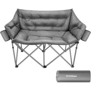 imageVIVOSUN Double Camping Chair Fully Padded Folding Loveseat Oversized Duo Chair with Cup ampamp Wine Glass Holders Pocket Armrests ampamp Carry BagGrey