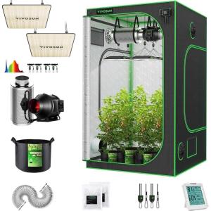 imageVIVOSUN 2Pack VS1000 LED Grow Light with Sosen 4x4 Grow Tent 48quotx48quotx80quot 4 Inch 190 CFM Inline Duct Fan Combo 5Pack 5 Gallon Grow Bags and 5 x 15 ft Plant Trellis Netting