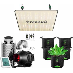 imageVIVOSUN VS1000 LED Grow Light with 4 Inch 190 CFM Inline Fan with Speed Controller 4 Inch Carbon Filter and 8 Feet of Ducting Temperature Humidity Monitor and 5Pack 5 Gallon Grow Bags