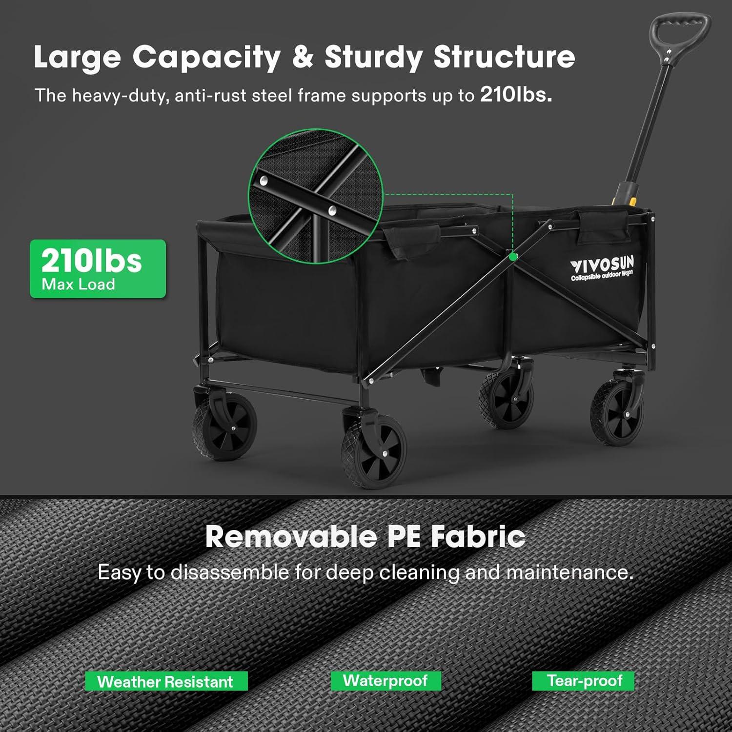 imageVIVOSUN Collapsible Folding Wagon Outdoor Utility with AllTerrain Wheels Adjustable Handle Cup Holders ampamp Side Pockets for Camping Shopping Garden 210Lbs Capacity BlackBlack