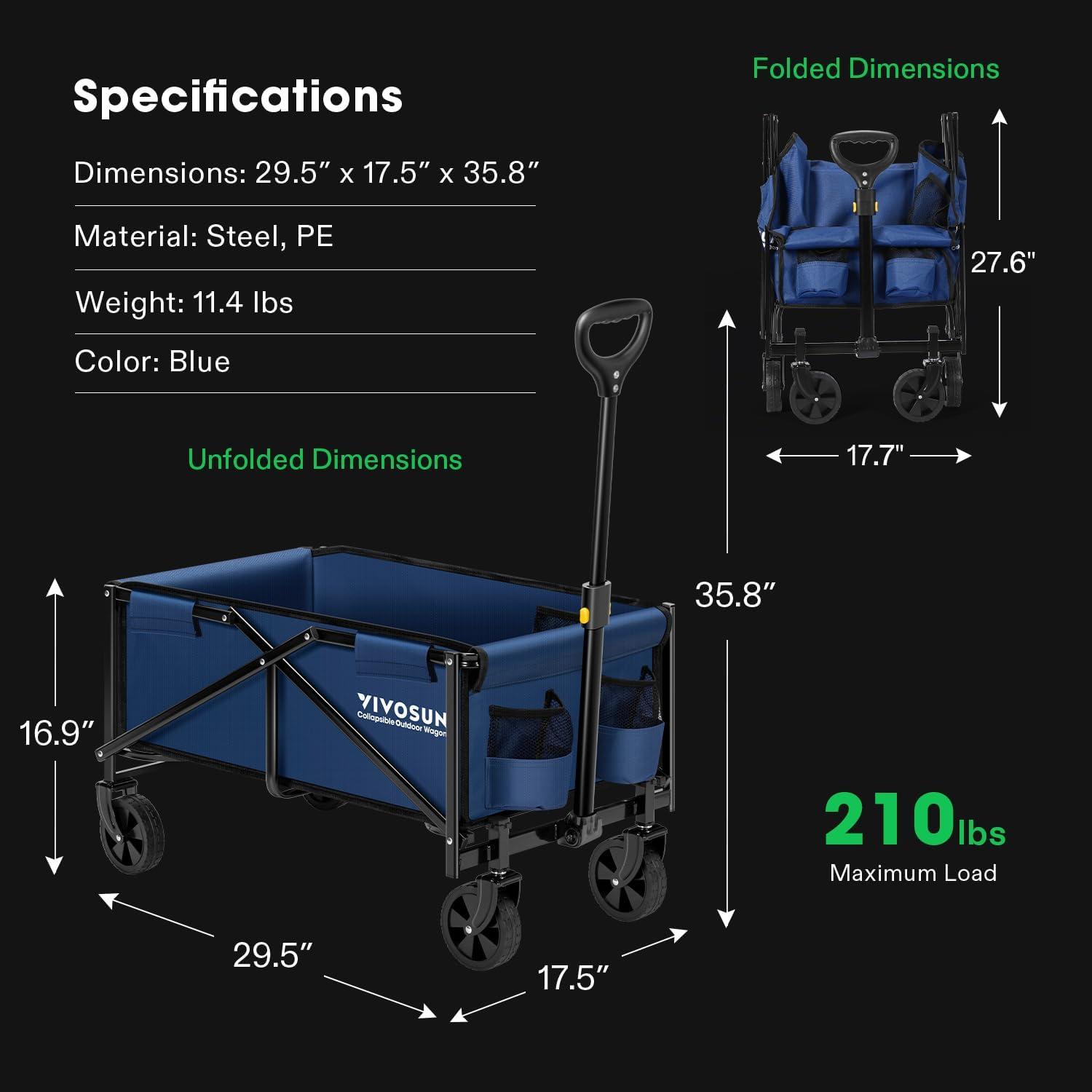 imageVIVOSUN Collapsible Folding Wagon Outdoor Utility with AllTerrain Wheels Adjustable Handle Cup Holders ampamp Side Pockets for Camping Shopping Garden 210Lbs Capacity BlackBlue