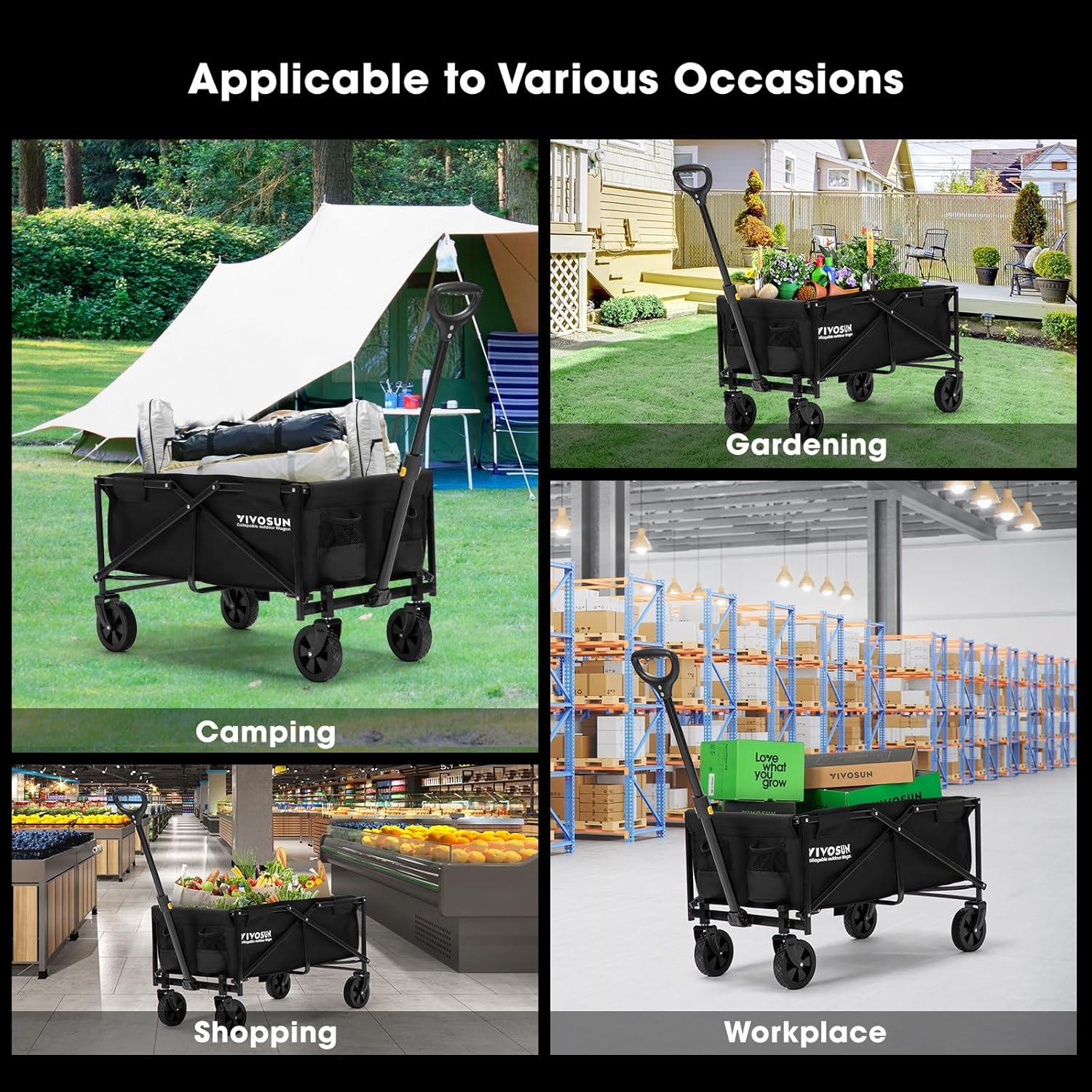 imageVIVOSUN Collapsible Folding Wagon Outdoor Utility with AllTerrain Wheels Adjustable Handle Cup Holders ampamp Side Pockets for Camping Shopping Garden 210Lbs Capacity BlackBlack
