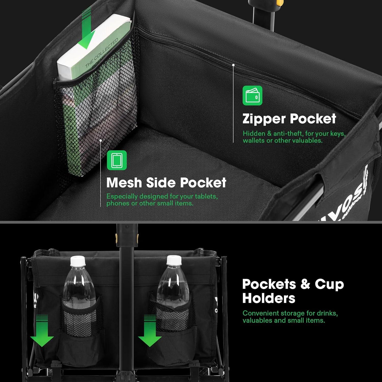 imageVIVOSUN Collapsible Folding Wagon Outdoor Utility with AllTerrain Wheels Adjustable Handle Cup Holders ampamp Side Pockets for Camping Shopping Garden 210Lbs Capacity BlackBlack