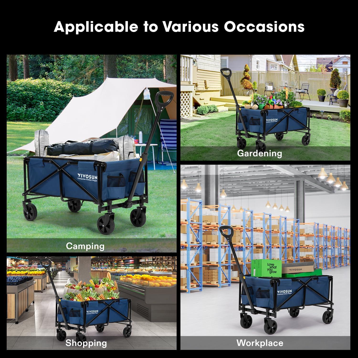 imageVIVOSUN Collapsible Folding Wagon Outdoor Utility with AllTerrain Wheels Adjustable Handle Cup Holders ampamp Side Pockets for Camping Shopping Garden 210Lbs Capacity BlackBlue