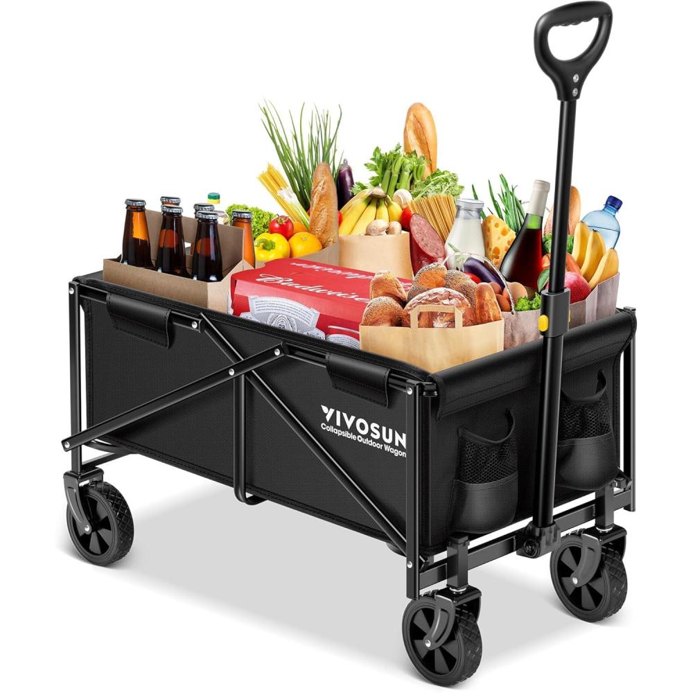 imageVIVOSUN Collapsible Folding Wagon Outdoor Utility with AllTerrain Wheels Adjustable Handle Cup Holders ampamp Side Pockets for Camping Shopping Garden 210Lbs Capacity BlackBlack