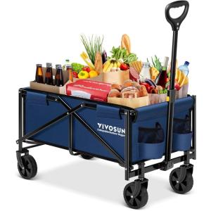imageVIVOSUN Collapsible Folding Wagon Outdoor Utility with AllTerrain Wheels Adjustable Handle Cup Holders ampamp Side Pockets for Camping Shopping Garden 210Lbs Capacity BlackBlue