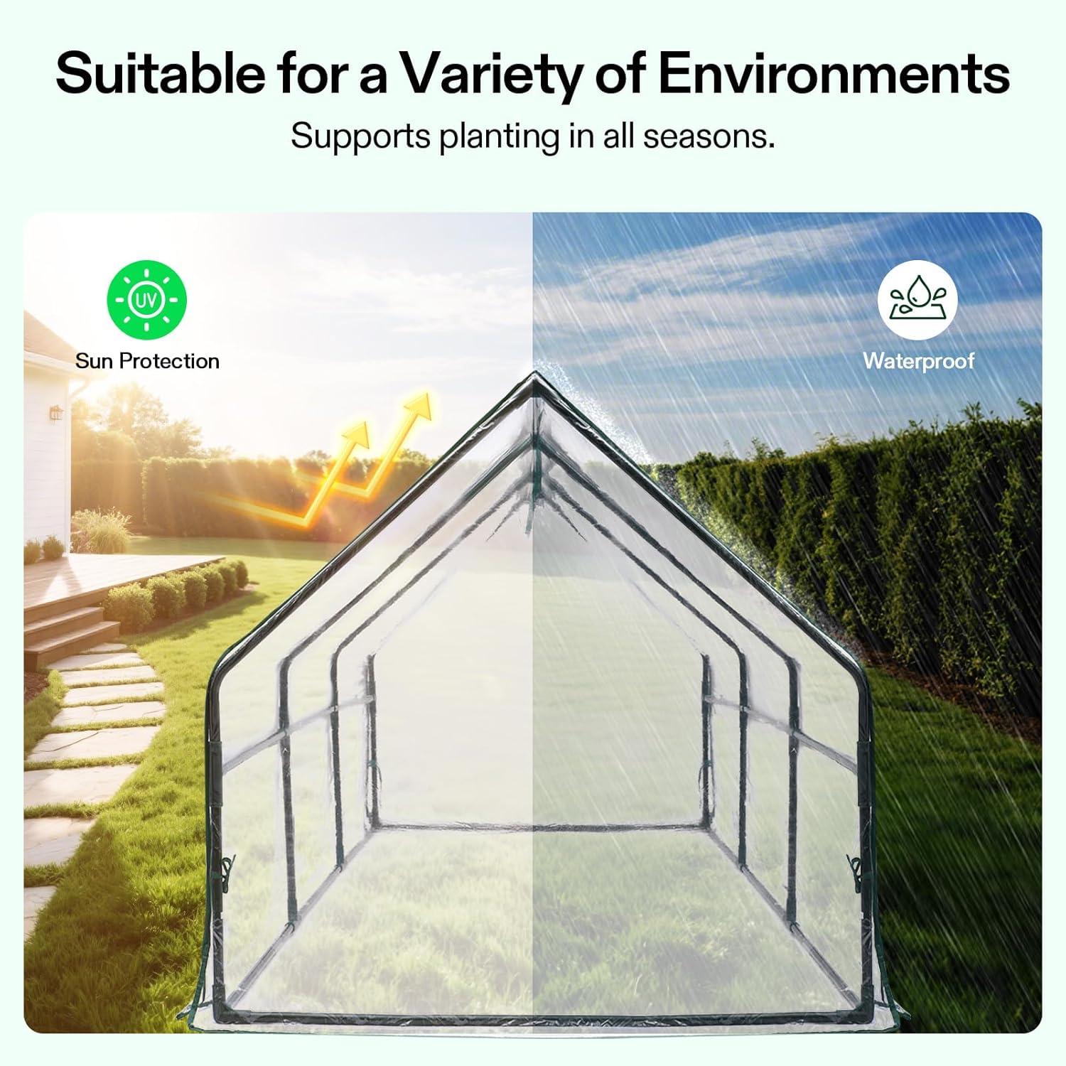 imageVIVOSUN 10x7x7 Ft Large Walk in Greenhouse Greenhouse Tunnel Garden Plant Hot House with Green PE Cover Rollup Zipper Door and Window for OutdoorClear PVC