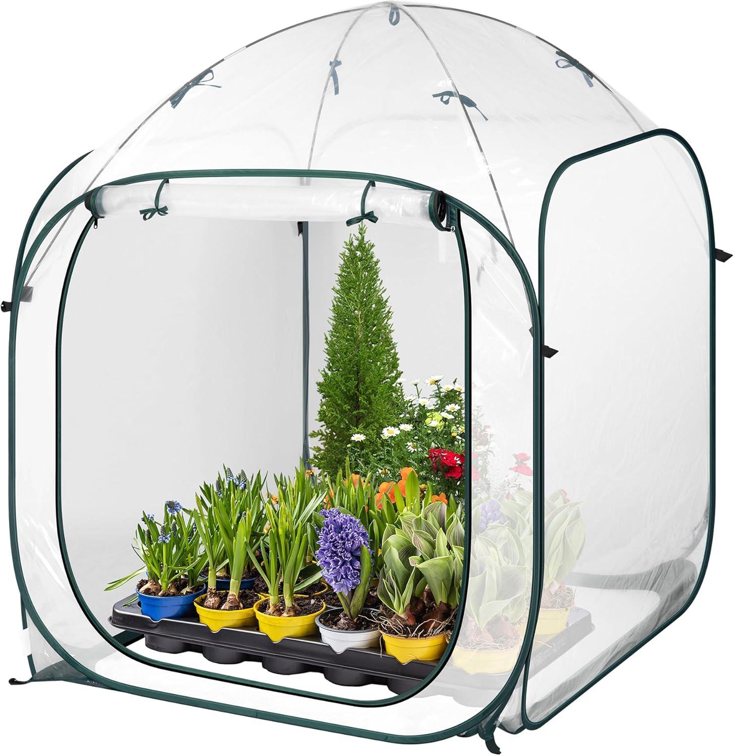 imageVIVOSUN 10x7x7 Ft Large Walk in Greenhouse Greenhouse Tunnel Garden Plant Hot House with Green PE Cover Rollup Zipper Door and Window for OutdoorClear PVC
