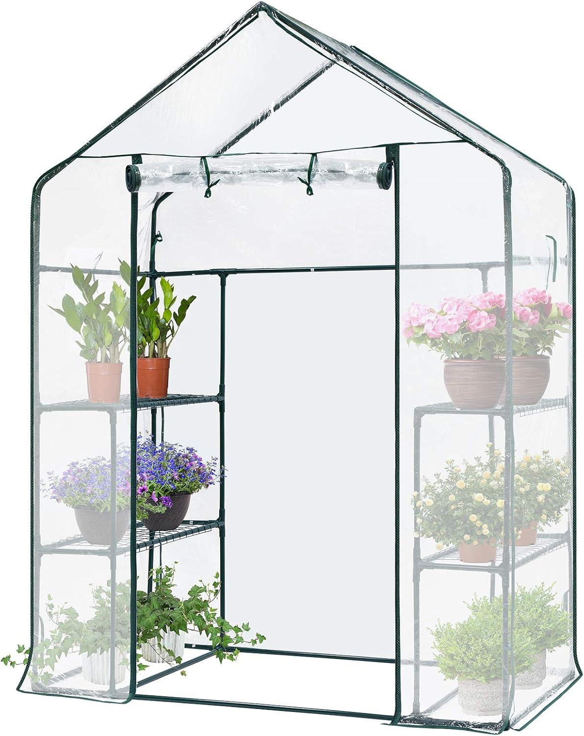 imageVIVOSUN 10x7x7 Ft Large Walk in Greenhouse Greenhouse Tunnel Garden Plant Hot House with Green PE Cover Rollup Zipper Door and Window for OutdoorClear PVC