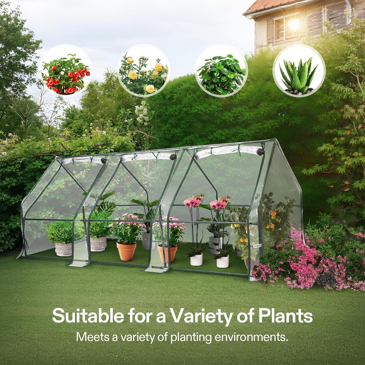 imageVIVOSUN 10x7x7 Ft Large Walk in Greenhouse Greenhouse Tunnel Garden Plant Hot House with Green PE Cover Rollup Zipper Door and Window for OutdoorClear PVC